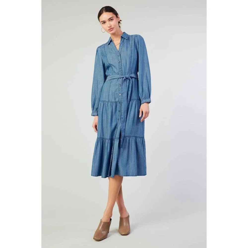 Anthropologie | Dresses | Current Air Anthro Sz S Blue Chambray Long Sleeve  Midi Shirt Dress Boho Lyocell | Poshmark